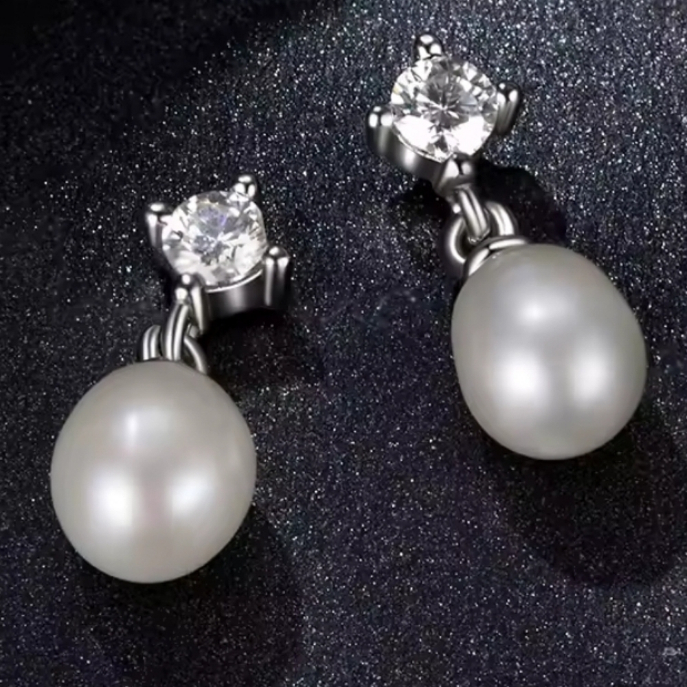 Moissanite Diamond Earrings with Freshwater Pearls Anniversary Birthday Gift - Picture 4 of 12